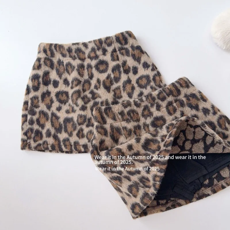 

Children's American Retro Leopard Print Skirt Baby Girls High-waisted Woolen Short Skirts Mini A-line Skirt