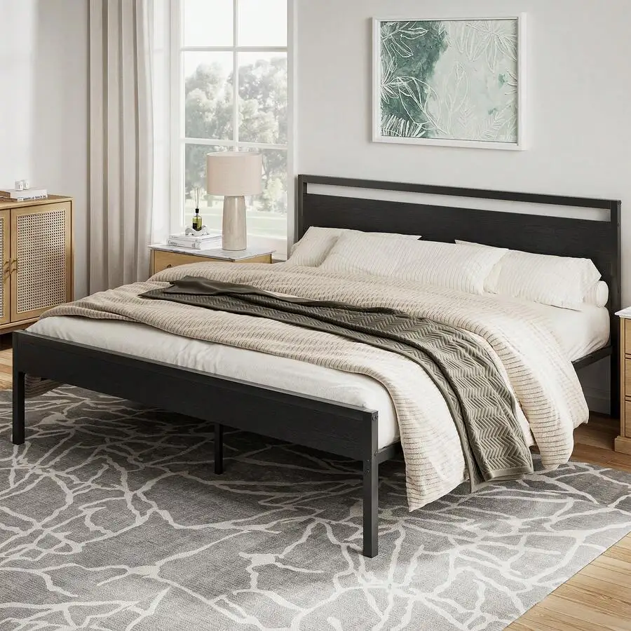 14 Inch Twin Bed Frame With Wood Headboard, Black | Heavy-Duty Metal Platform With 1000lbs Capacity. No Box Spring Needed, Noise