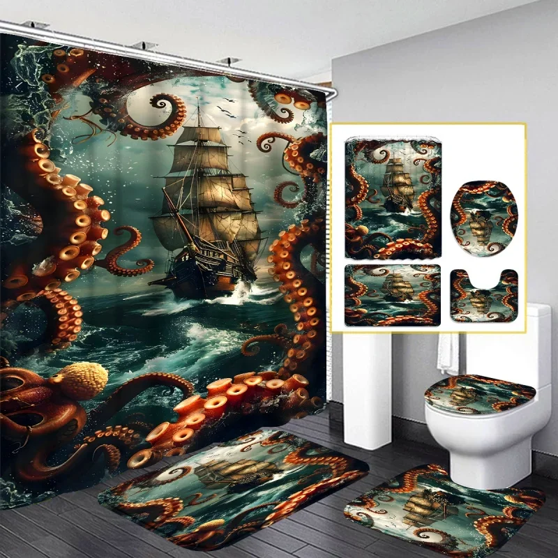 4pcs Nautical Octopus, Multi-color Background Pattern Shower Curtain, Modern Bathroom Decoration, Waterproof Fabric Shower C