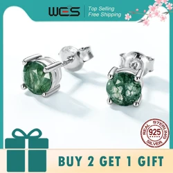 WES 925 Sterling Silver Natural Moss Agate Earrings for Women Inlaid Geometric Natural Unique Gem Engagement Gift Wholesale