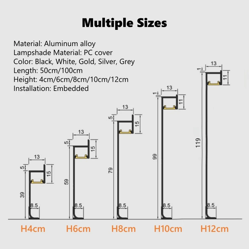 H4/6/8/10/12cm Embedded LED Skirting Line Aluminium Profile Floor Baseboard Strip Light Metal Wall Skirting Corner Linear Lamp