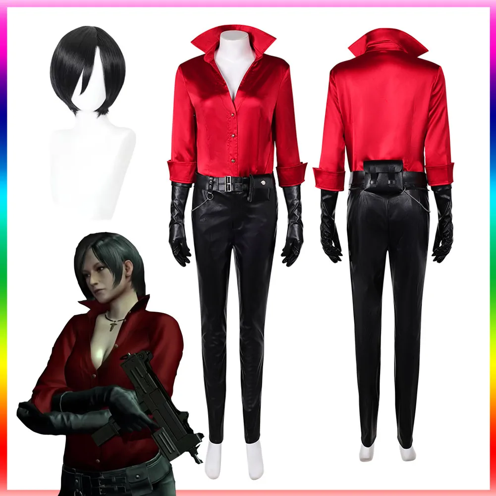 Evil 4 Ada Wong Resident Cosplay Wigs Costume Fantasia Disguise for Women Shirt Pants Belt Gloves Outfit Halloween Carnival Suit