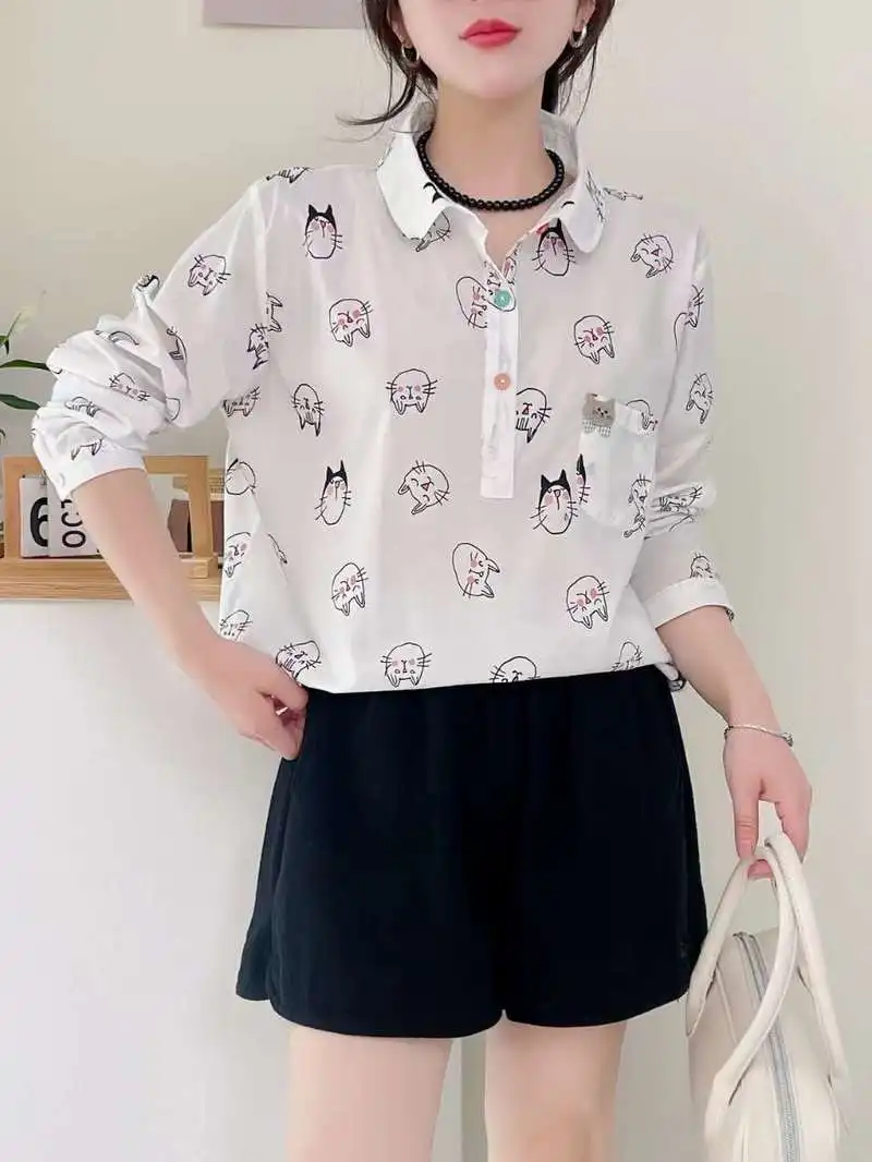 New Autumn Cotton Long Sleeve Shirts, Women Lapel Cartoon Cat Tops, Mori Girl Loose Sweet Casual Blouses, 2024 Winter T48689QC