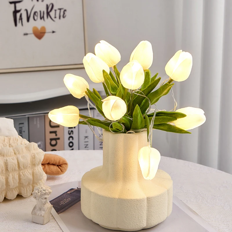 Lámpara LED de mesa de simulación de tulipán, luz nocturna de atmósfera de mesita de noche, ramo de flores de simulación, decoración Interior, 10/15 piezas