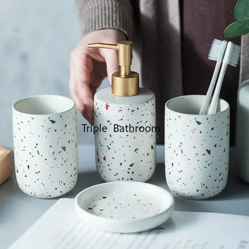European Bathroom Decoration Bathroom Accessories, Terrazzo Ceramic, Emulsion Bottle, Gargle Cup, Soap Dish, Art Supplies