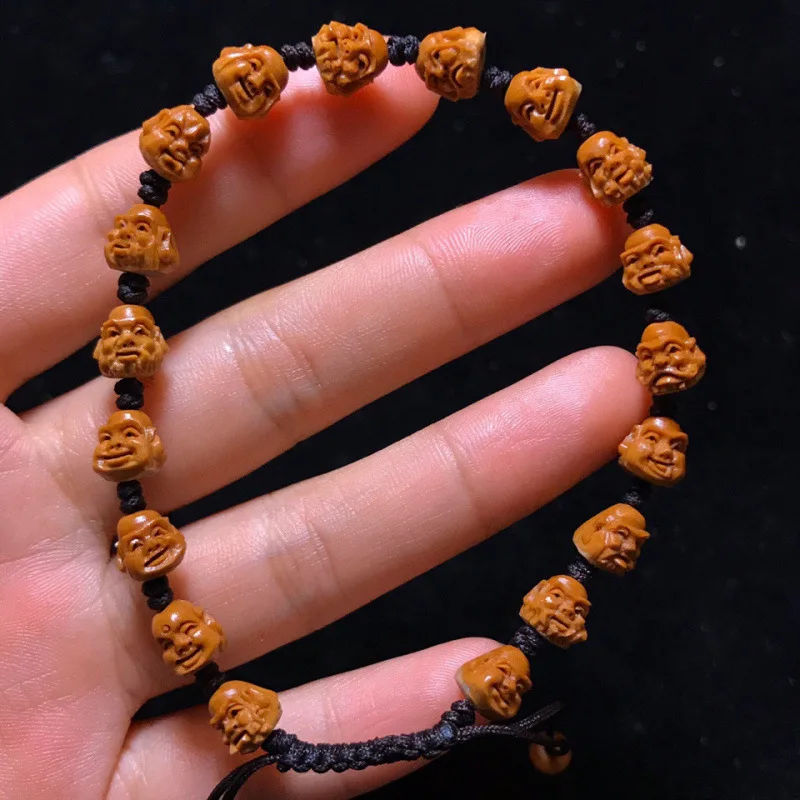 Olive Stone Pointed Hand-Carved Eighteen Arhats Beads Small Seed Unisex Bracelet