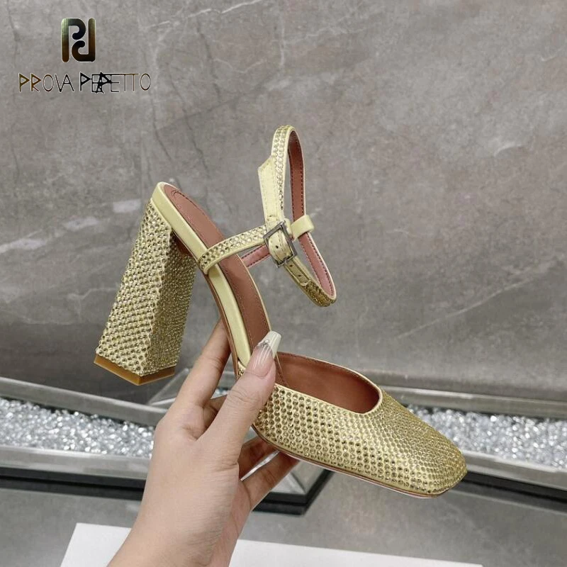 

Squared Toe Women Spring Summer Shoe Full Diamond Real Silk Ankle Strap Chunky High Heel Party Sandalias Blue Gold Amazing Shoe