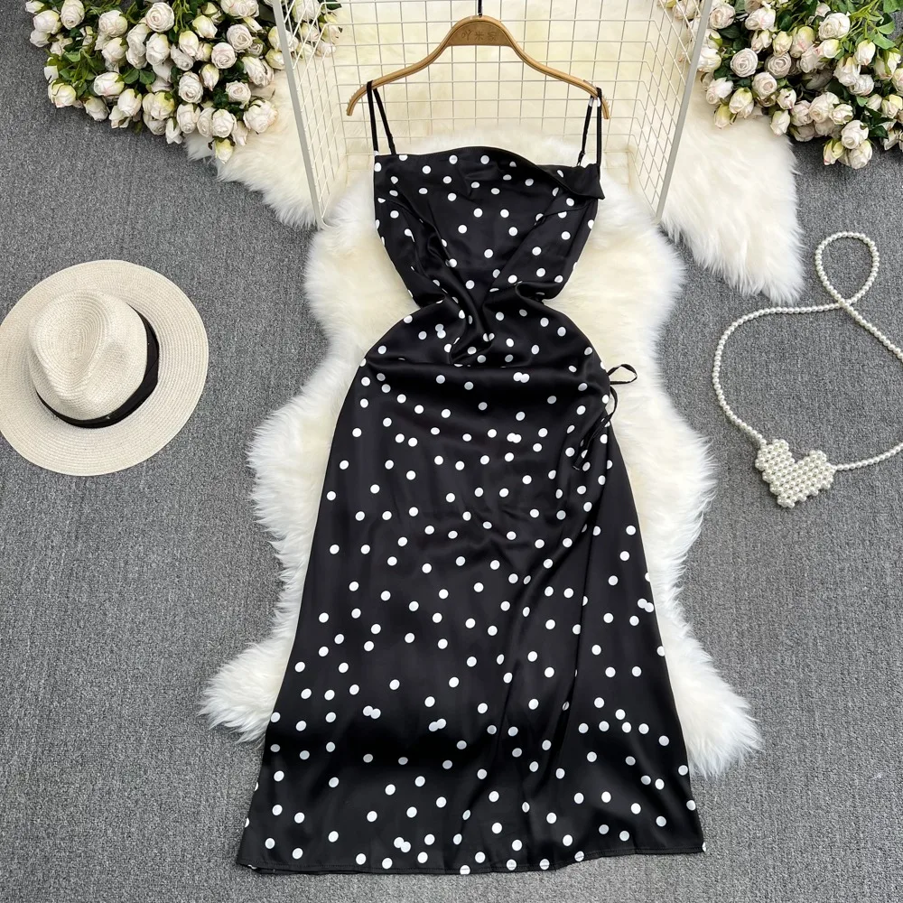 YuooMuoo Chic Polka Dot Camisole Dress for Women 2024 Summer Sexy High Split Drawstring Vacation Beach Long Dress Party Vestidos