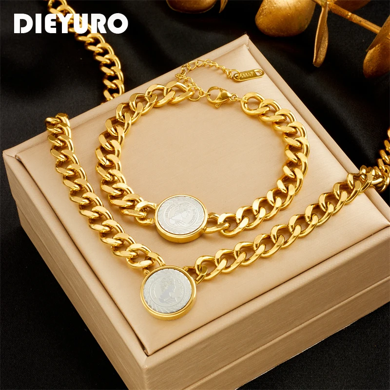 DIEYURO 316L Stainless Steel Round Portrait Coin Charm Necklace Bracelets For Women Girl Fashion Waterproof Jewelry Set Wedding