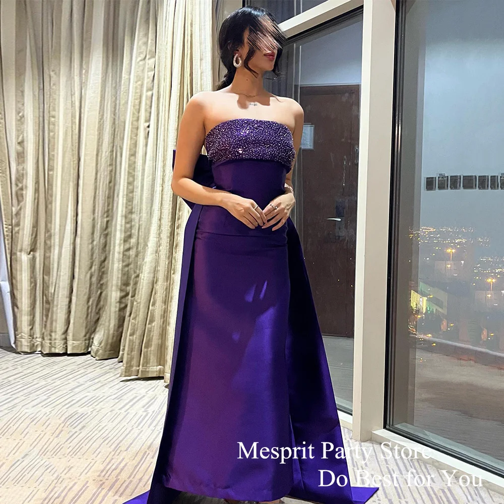 

Charming Evening Dress Saudi Prom Gown Strapless Sleeveless Beading Big Bow Ankle Length Satin Arabic Party Dress for Wedding