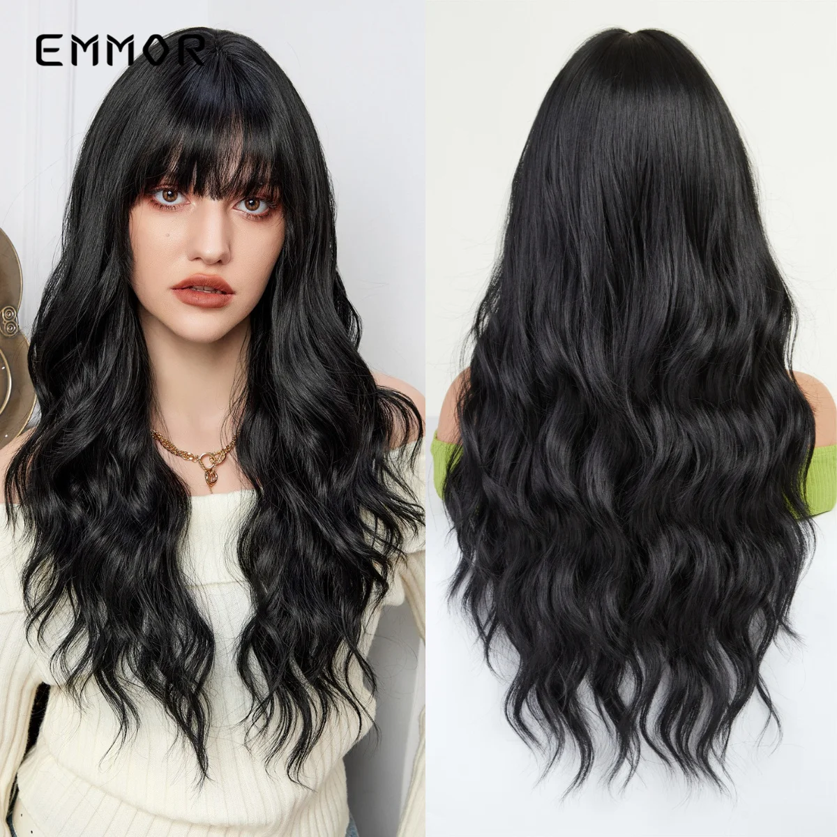 

Emmor Synthetic Long Wavy Wigs with Bangs for Women Cosplay Natural Black Hair Wig High Temperature Fiber