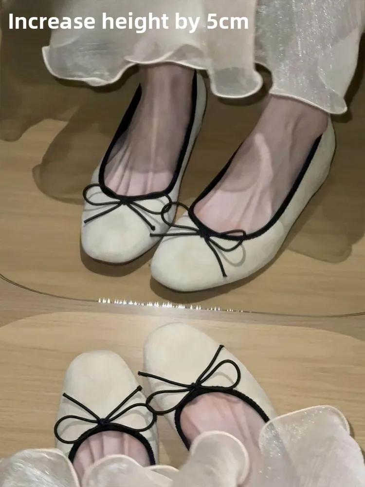 バレエフラットシューズ-レディース-ラウンドトゥ-ローカット-シングルシューズ-ノットデザイン-5cm高さアップ-インナーラバーソール-おしゃれ