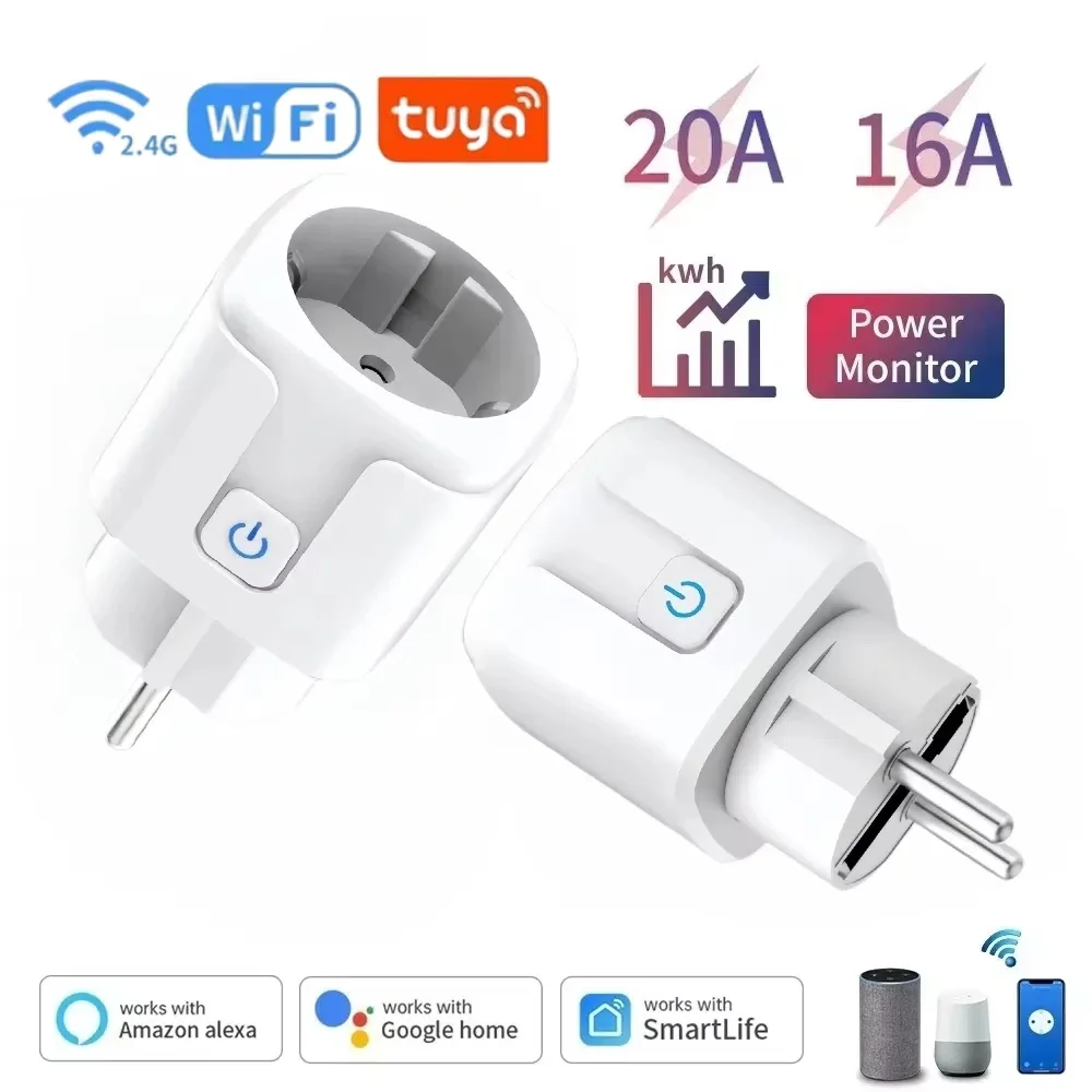 16A/20A Tuya EU WiFi Smart Plug Socket with Power Monitoring Voice Control AC 100-240V Compatible with Alexa Google Assistant