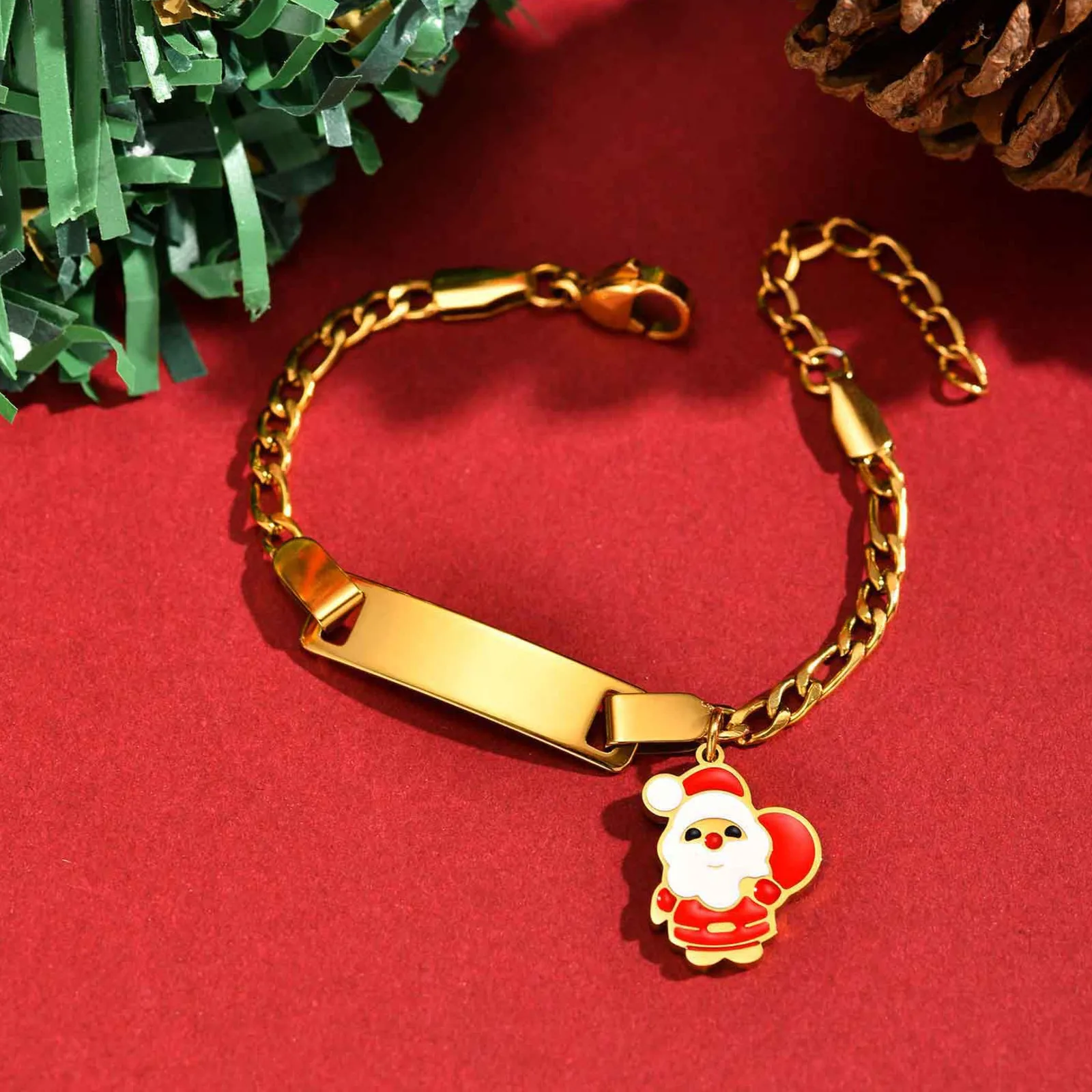 Vnox Cute Christmas Charms Free Engraving Baby Bracelet, Stainless Steel Custom Text Name Square Jewelry For Boys Girls