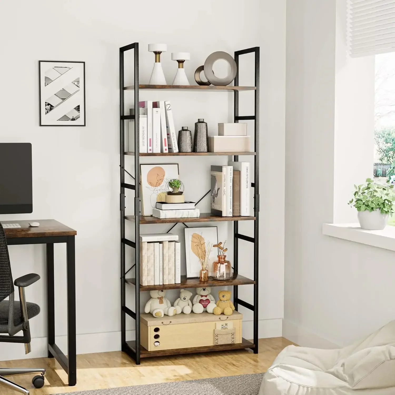 5 Tier Bookshelf, Tall Bookcase, Office Shelf Storage Organizer, Modern Book Shelf for Living Room, Bedroom, and Home Office