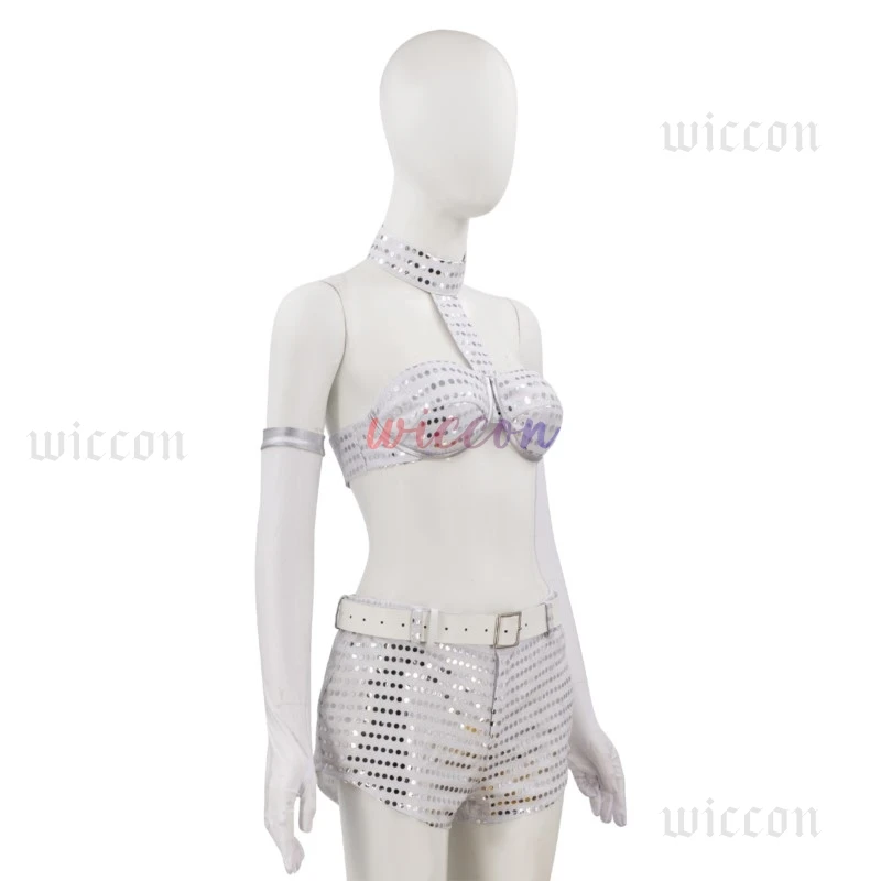 Costume de cosplay de robot de film og Powers pour femmes, haut sexy, soutien-gorge, objectifs imbibés, tenue de performance sur scène, fête d'Halloween, vêtements argentés