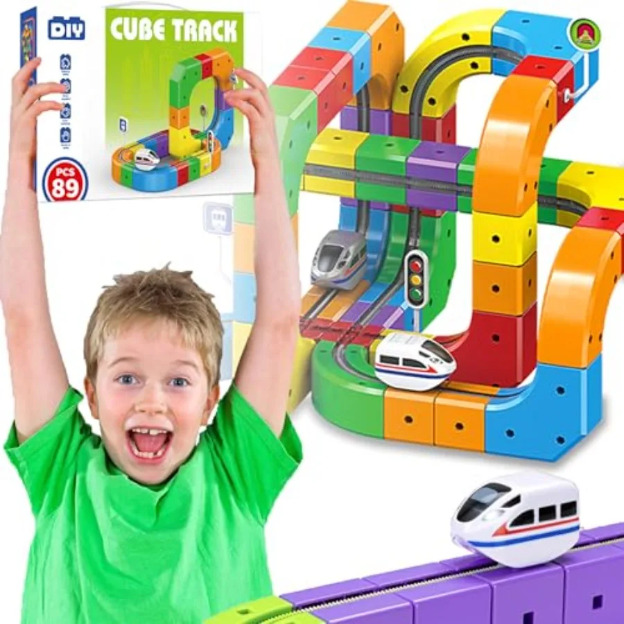

Electric Train Set for 89 PCS, ABS Plastic, Red-Blue-Yellow, 3D gravity-defying flexible track with motorized train traffic sig