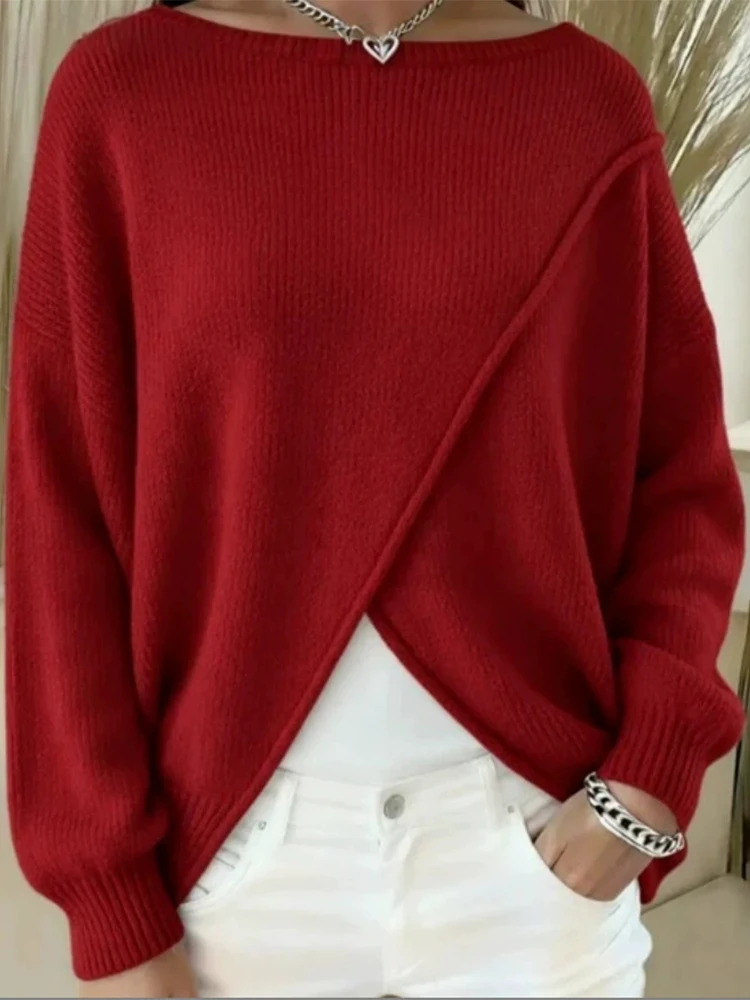 

New autumn and winter knitted women's round neck slimming sweater solid color casual fashion versatile top