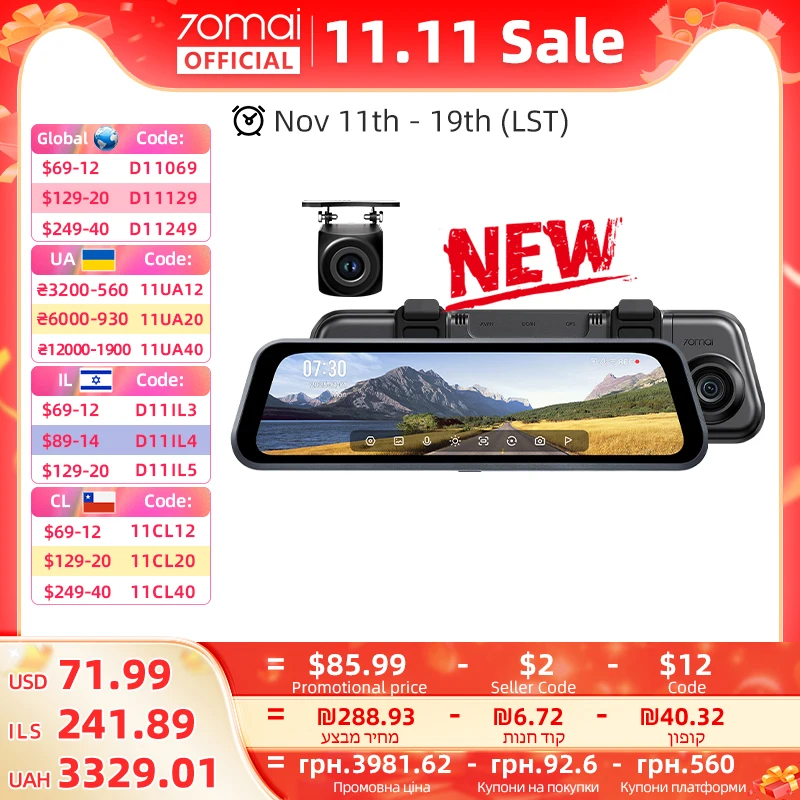 70mai Dash Cam S410 Touch Screen Full View 1944P External GPS 24H Parking Monitor Front and Backyup Car DVR Mirror 70mai S410