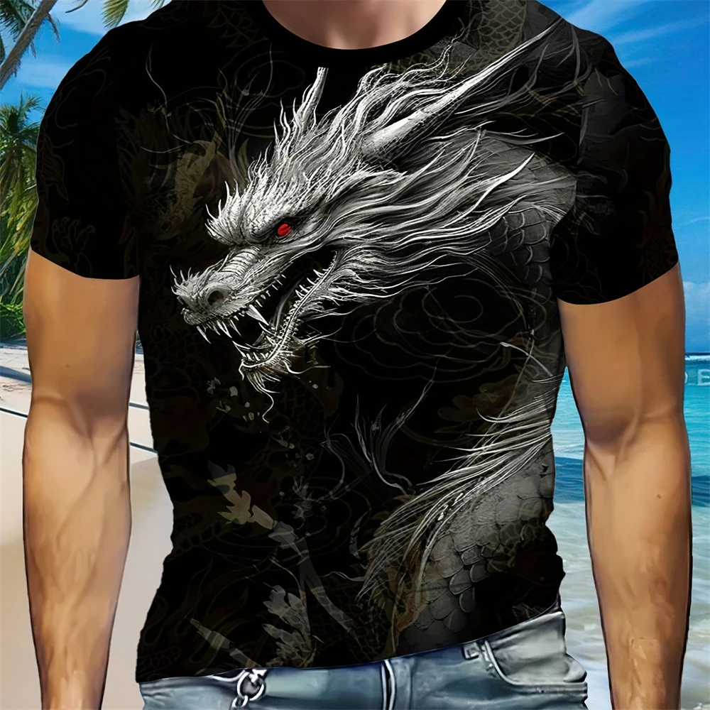 Summer Men's Street Fashion 3D Digital Animation Style Roaring Cool Dragon Pattern Round Neck Short Sleeved T-shirt Top