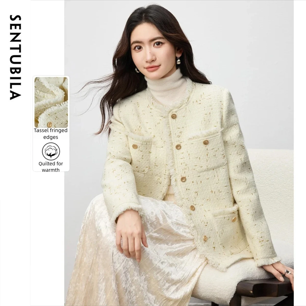 เสื้อแจ็คเก็ตผู้หญิง SENTUBILA รุ่นปี 2025 สำหรับฤดูหนาว คอทรงโอ แขนยาว แบบควิลท์ แฟชั่นสีพื้น ทรงหลวม เสื้อคลุมสำหรับผู้หญิง รุ่น 154W80330