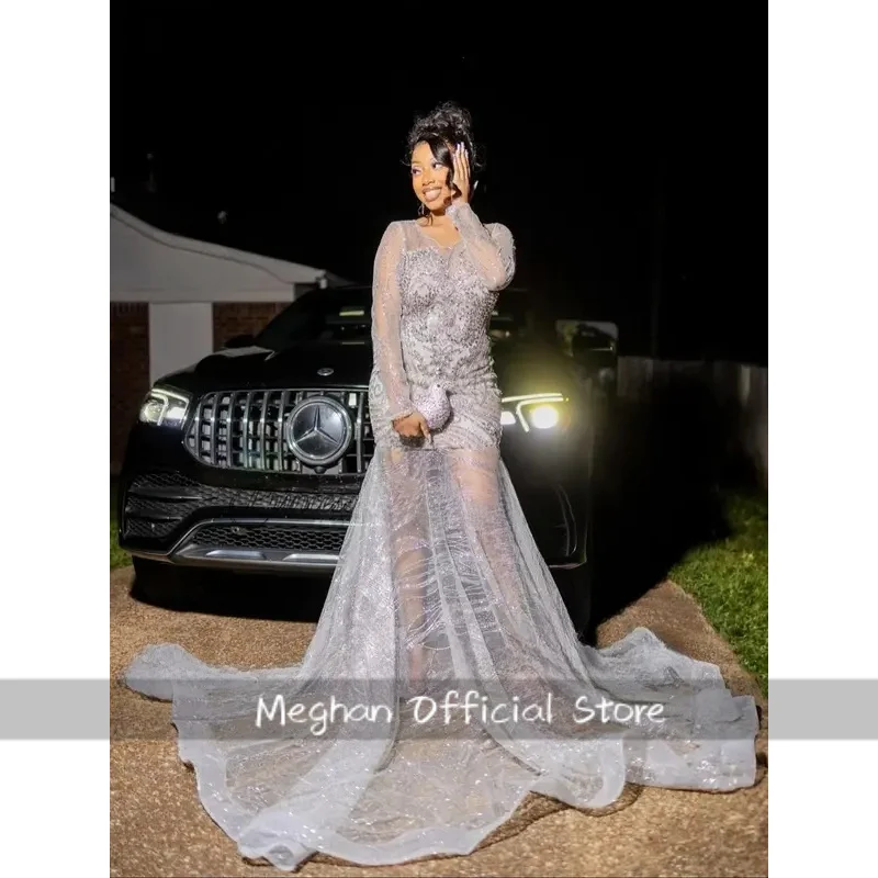 

Shiny Rhinestone Sequins Mermaid Prom Black Girls Evening Gown Aso Ebi Sexy See Through Wedding Party Dress Customized