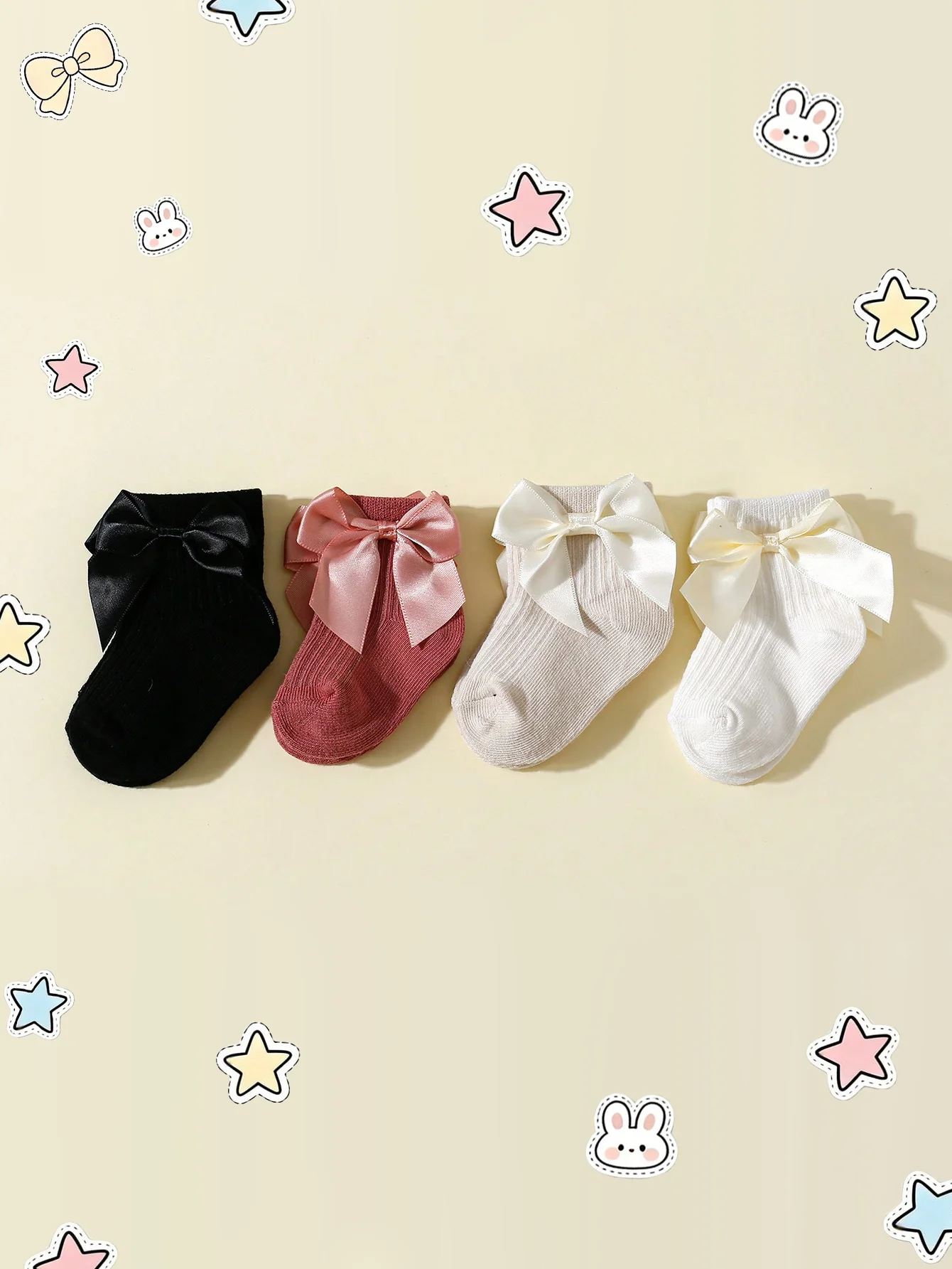 4 Pairs of Baby Girls Solid-Colored Short Socks with Bow Decoration, Soft and Comfortable Ankle Socks for Girls Aged 0-36m for Daily Wear