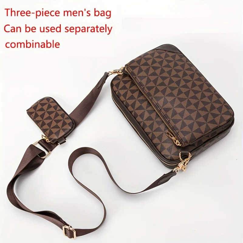 Men's Crossbody Bag, Three-piece Set Leather Shoulder Bag With Coin Purse Wallet & Clutch Bag