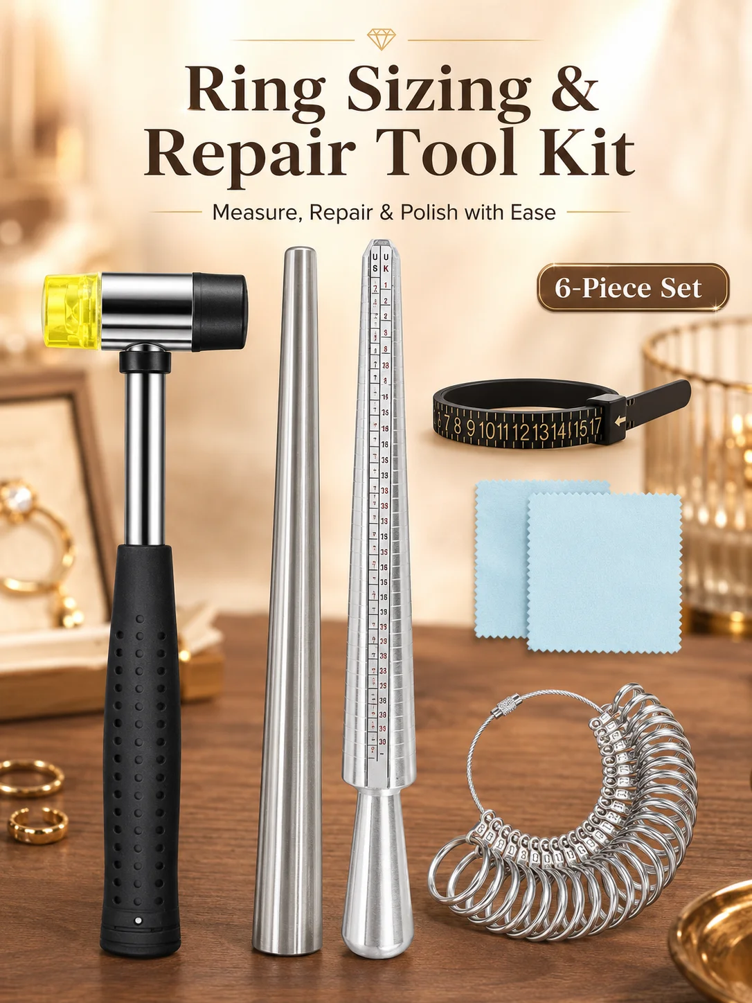 6PCS Ring Sizing Tool Kit Jewelry Ring Mandrel Set Hammer Ring Sizer Gauge Measuring Belt Polishing Cloth for Repair Making