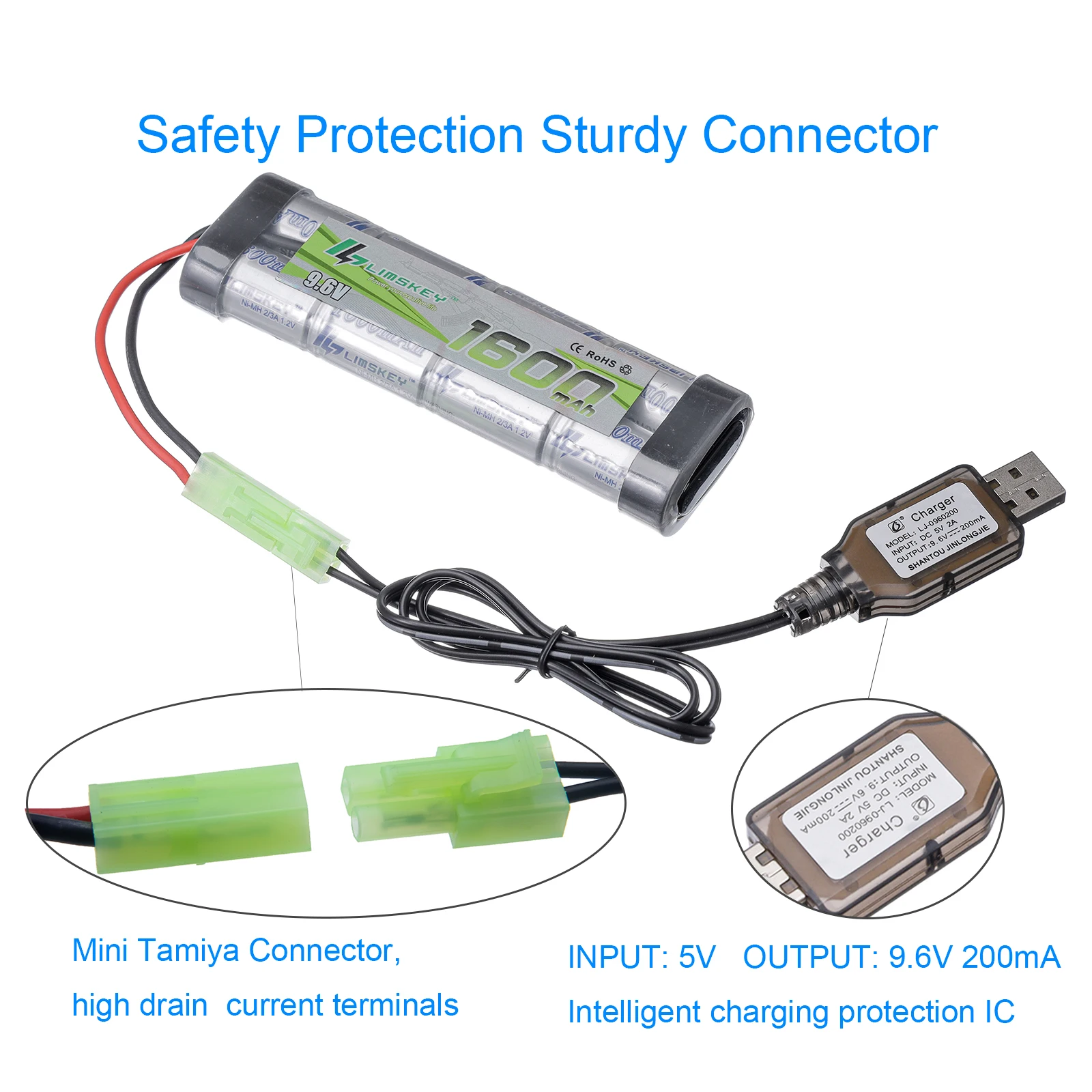 9.6V Airsoft Battery 1600mAh NiMH Flat Battery Pack Mini Tamiya Connector for Airsoft Guns MP5 Scar M249 M240B M60 G36