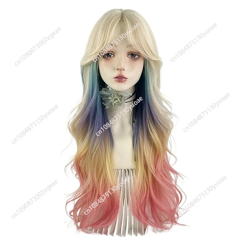 Rainbow Wig with Full Hood for Female Group, Platinum Color, Long Curl, Violet, Blue, Purple, Pink