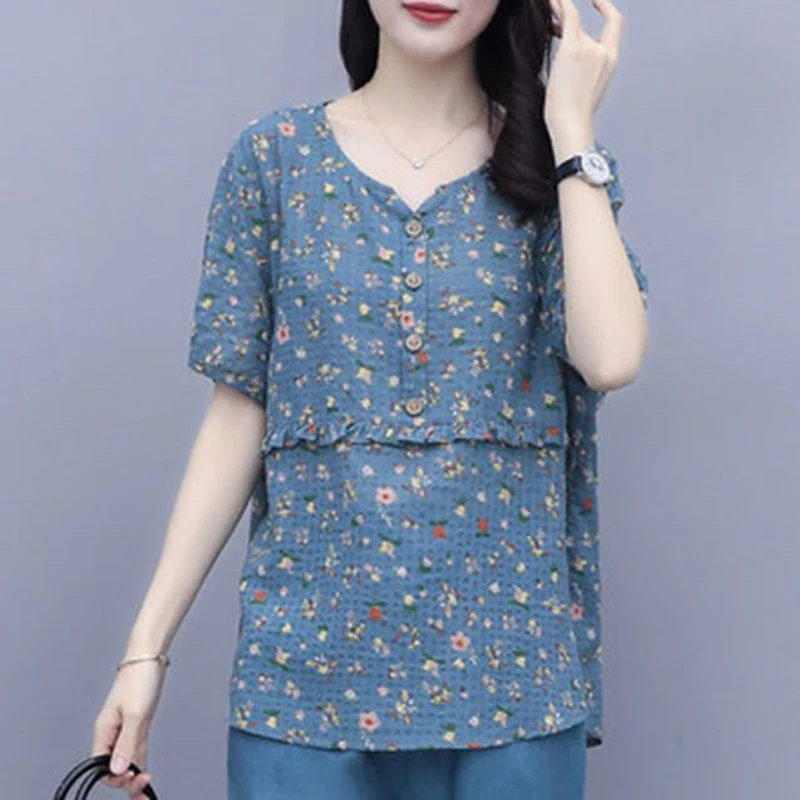 Women Ruffle Floral Print Retro Cotton Linen Blouses Summer Korean Fashion O Neck Short Sleeve Shirts Casual Loose Y2K Tops Ropa