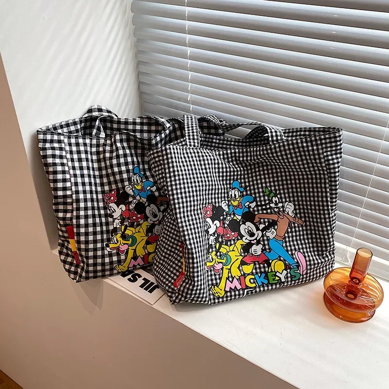 Disney Mickey Mouse Large Canvas Shoulder Bag Women's New Large Capacity Cartoon Women's Tote Bag Plaid Handbag