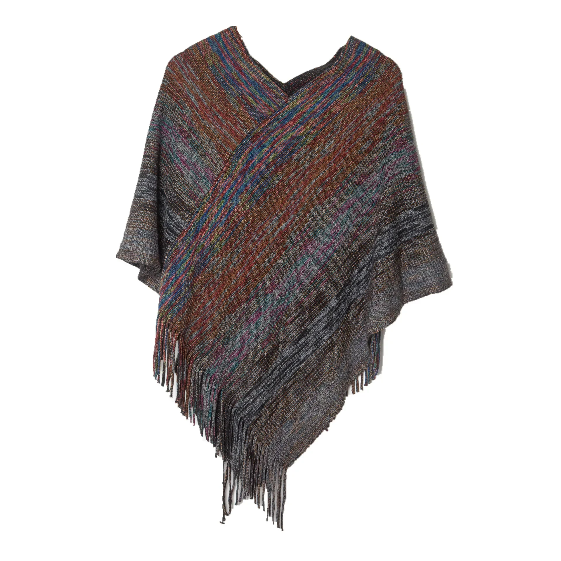 Spring Autumn New V-neck Pullover Cape Tassel Knitted Shawl Women Poncho Lady Capes Pink Cloaks