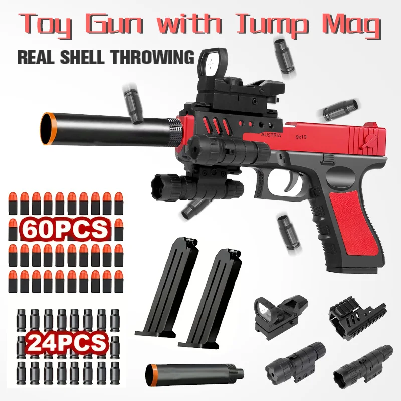 Upgrade Unstuck Shell] Toy Gun With Jumping Shell,88PCS Foam Blasters Set (1 Toy Gun + 24 Shells + 60 Bullets + 2 Bullet Clips