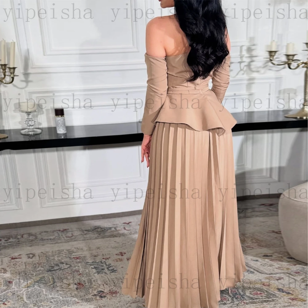 Vestidos de Noche sin tirantes personalizados con hombros descubiertos, vestido de fiesta de manga larga con apliques de encaje y lentejuelas plisado