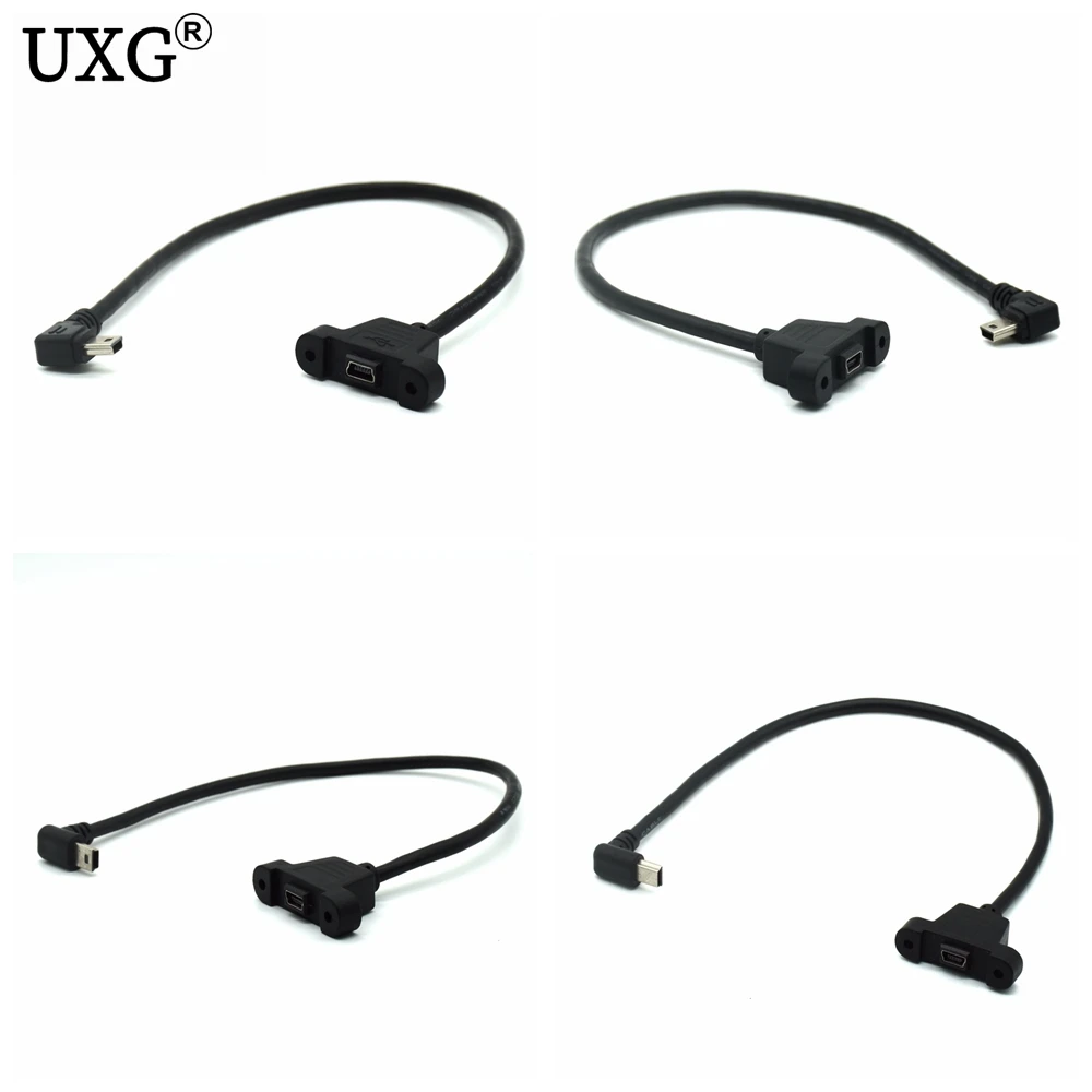 Up Down Left Right Angled 90 Degree Panel Mount Type Mini USB 5Pin Male To Female Extension Adapter Cable With Screws 30cm 1ft