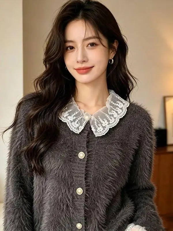 Autumn Winter Soft Plush Korean Style Fake Mink Collar Splicing Warm Sweet Anti-Aging Women's Sweater Versatile Lightweight K...
