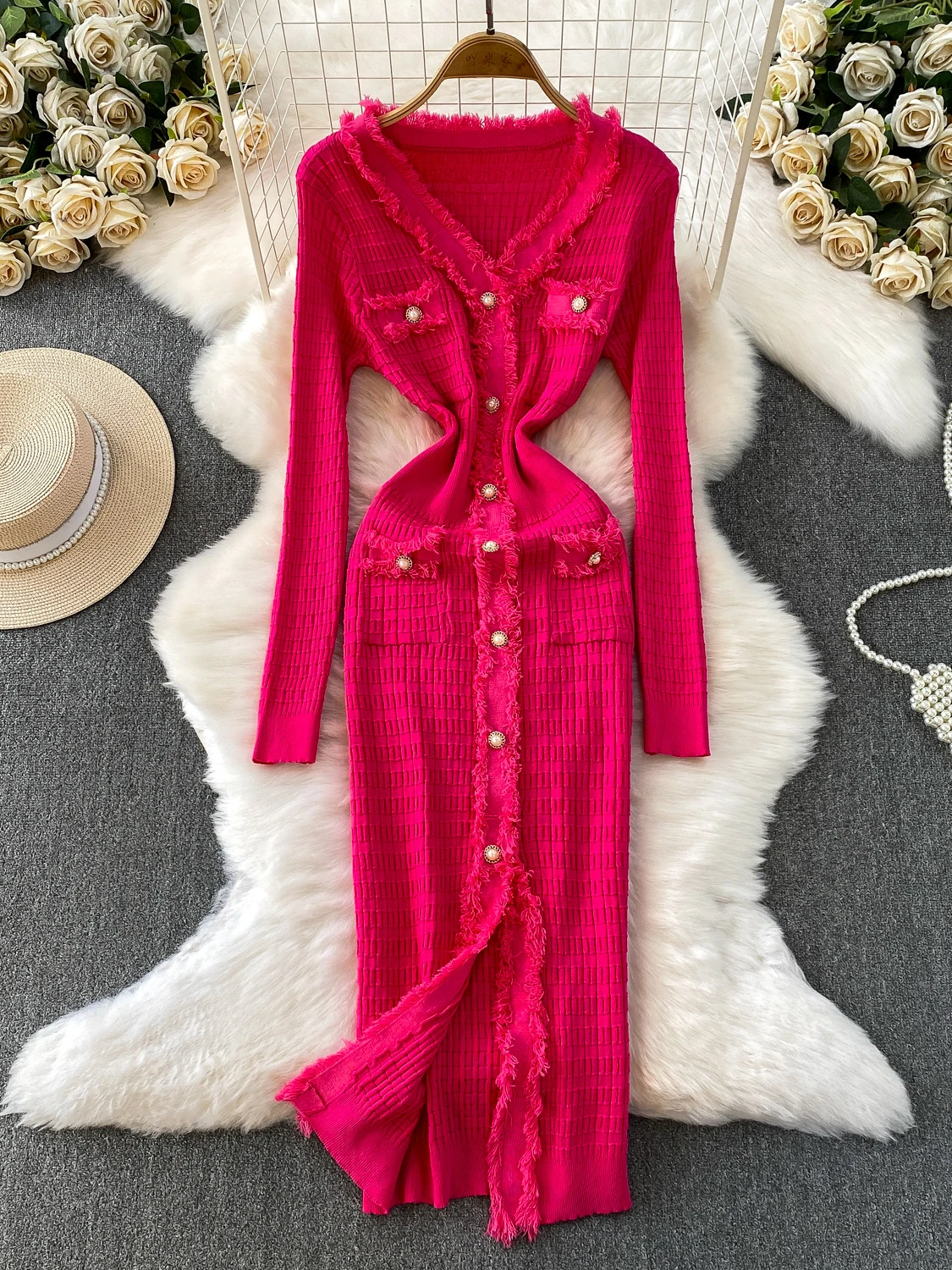 Elegant Knitted Long Dress V-Neck Slit High Waist Slim Fit Button Closure Pearl Buckle Autumn Fashion Ladies Dress