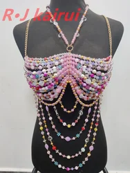 RJ Fashion Sexy Metal Neck Body Chain Pastel Pink Purple Beads Halter Dress Masquerade Stage Party Jewelry Accessories