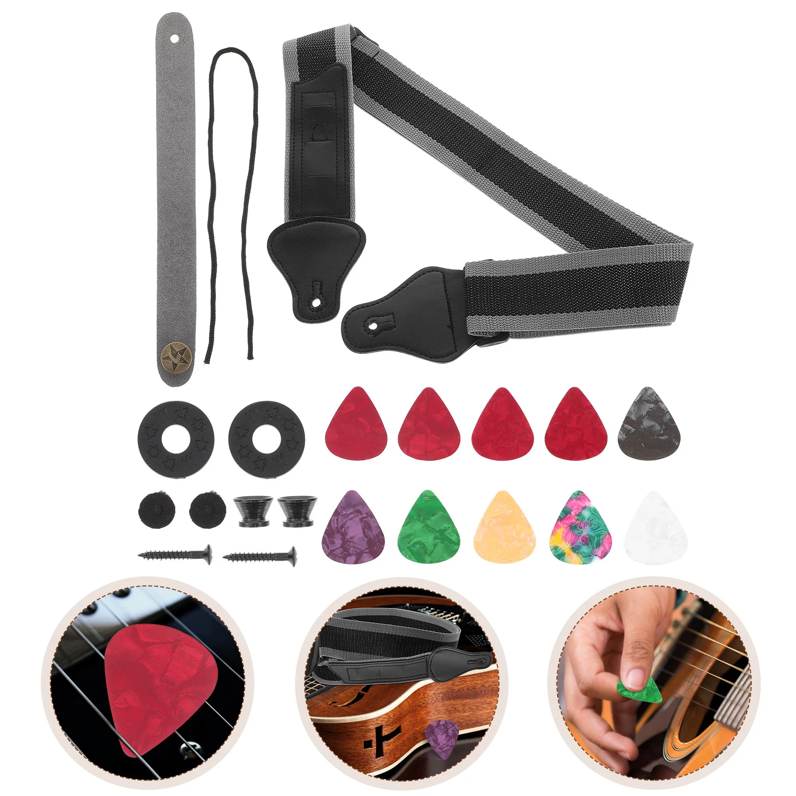 

1set 1Set Guitar Strap Set Adjustable Nylon For Folk Acoustic Electric Guitar Durable Washable Simple Design With Picks Included