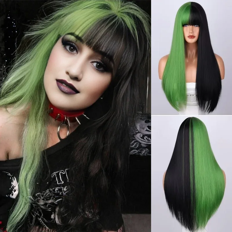 

Длинный прямой двухцветный парик, черно-зеленый парик, синтетический парик с частично черными и частично зелеными прядями, длинный прямой парик.