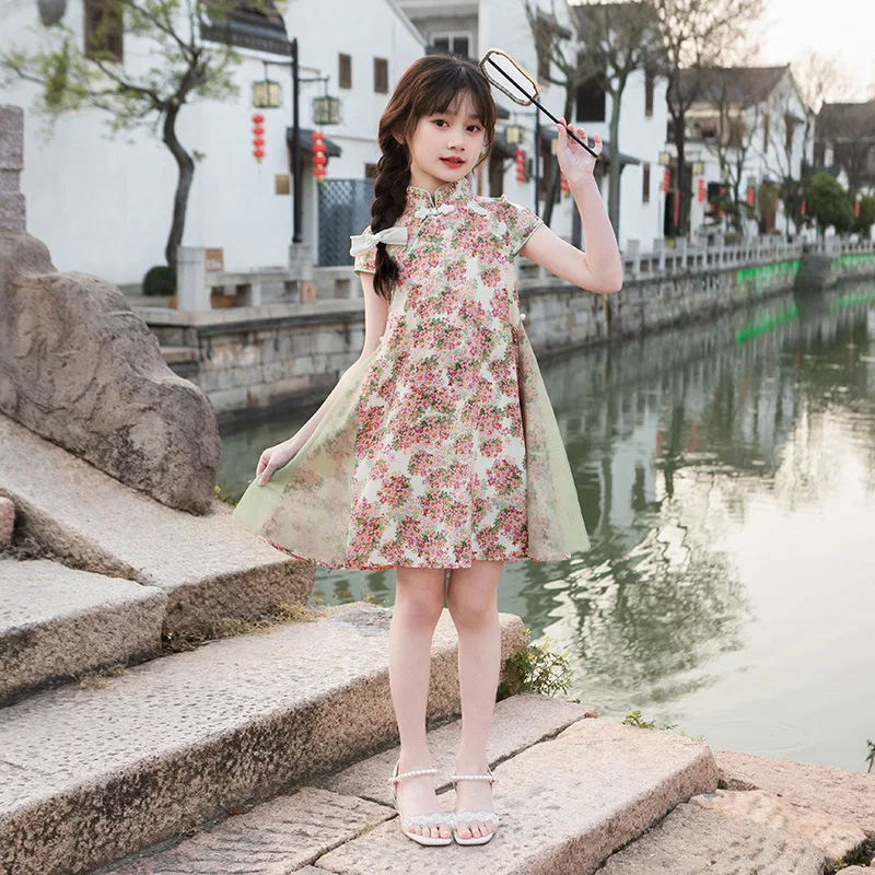 Dress Summer 2024 New Western Chinese Style Fragmented Flower Qipao Children's Clothing Girls' Princess Skirt