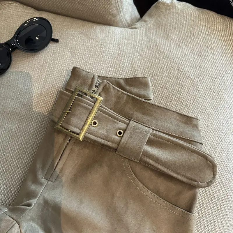 Short en peau de daim pour femme, pantalon taille haute, ligne a, décontracté, jambes larges, avec ceinture, costume, tendance, automne et hiver