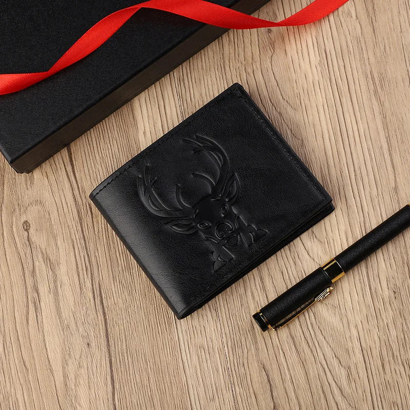 محفظة رجالية بنمط رأس الغزلان بتصميم كلاسيكي منقوش ثلاثي الأبعاد يصنع محفظة جلدية بفتحات متعددة بثلاثة أضعاف #5