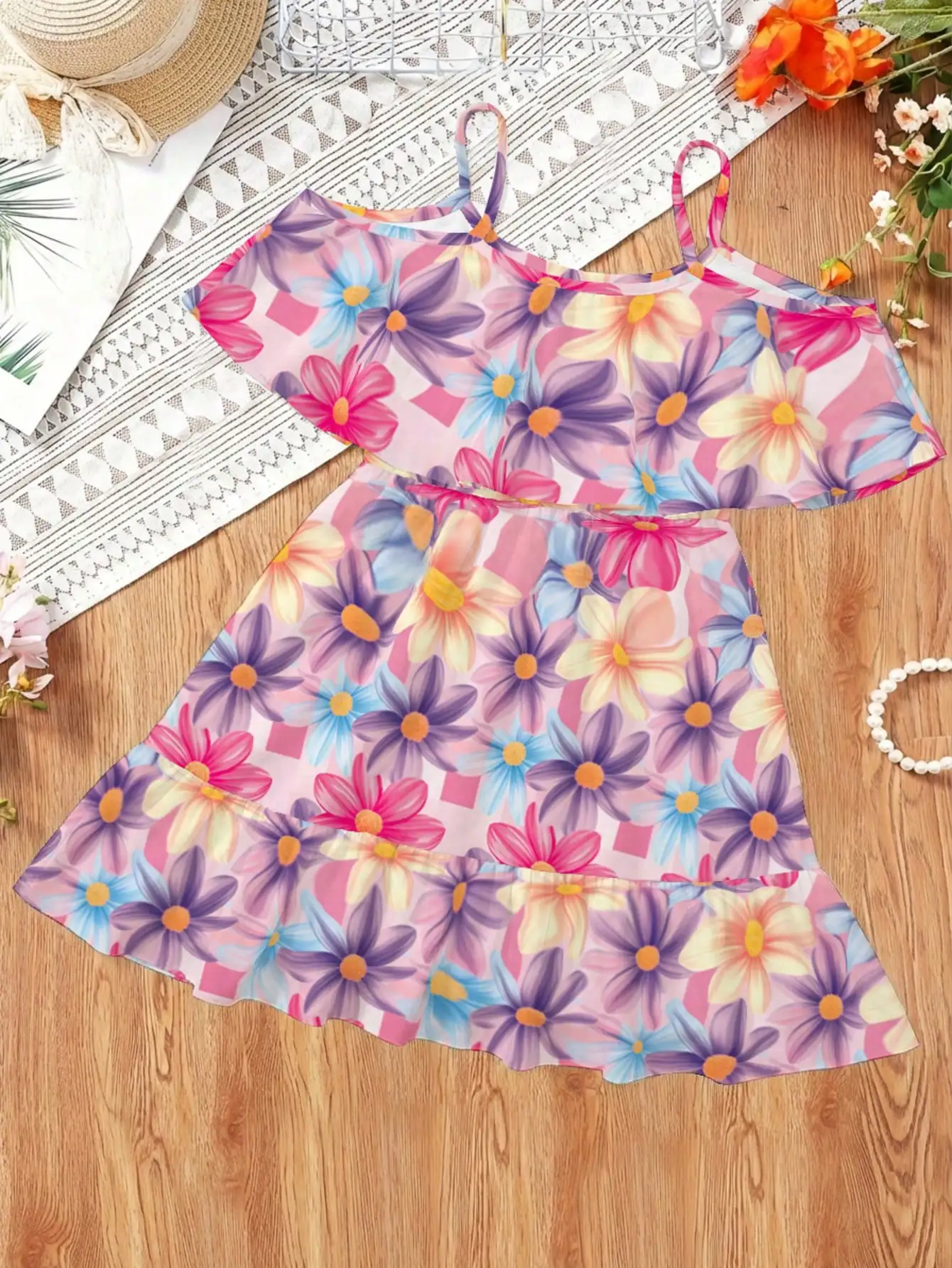 2026 Mädchen Casual Elegantes Neues Boho Blumenprint-Kleid mit Trägern, Einem Kragen, Rüschenkante und Schulterfreiem Design, Mittellanges Kleid – Detail 10
