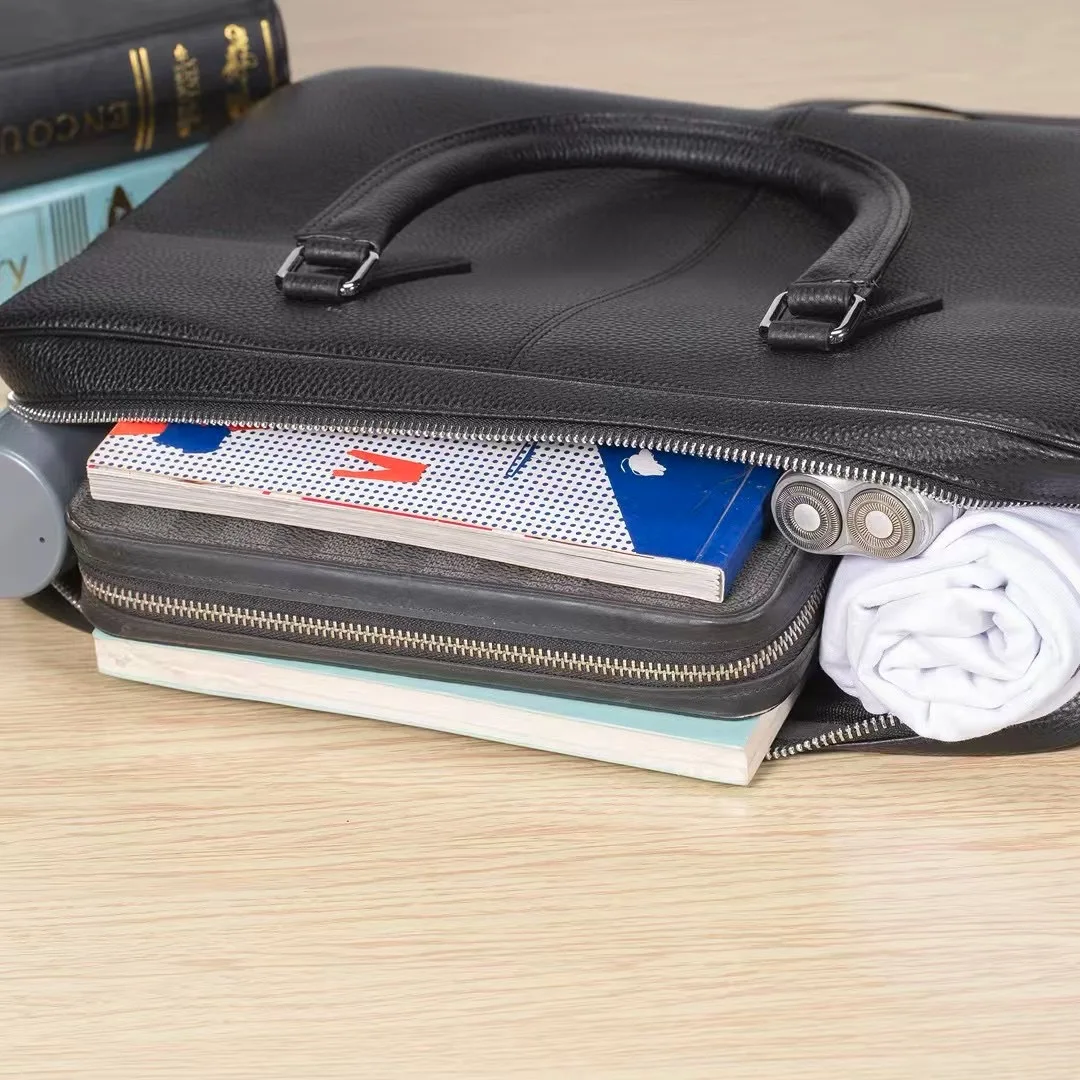 Double Zipper Briefcase Men Bag Genuine Leather Shoulder Bag 14 inch Laptop Bags Large Capacity Handbag Business Men's Briefcase