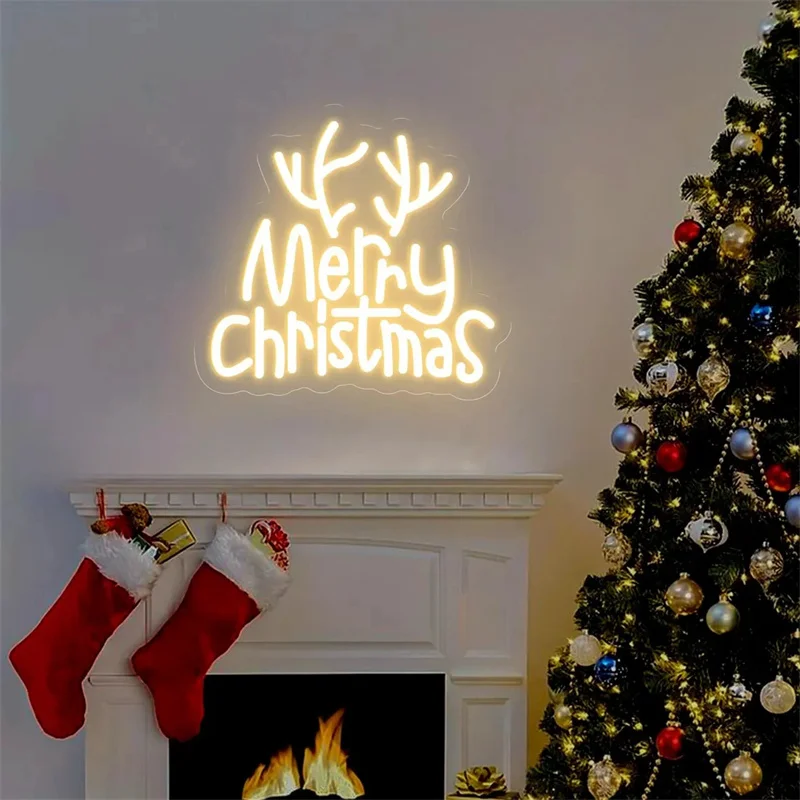 Merry Christmas Reindeer Antlers Neon Sign,Christmas Neon Light,Bar Shop Home Room Wall Decor,Custom Neon Sign,Holiday Decor