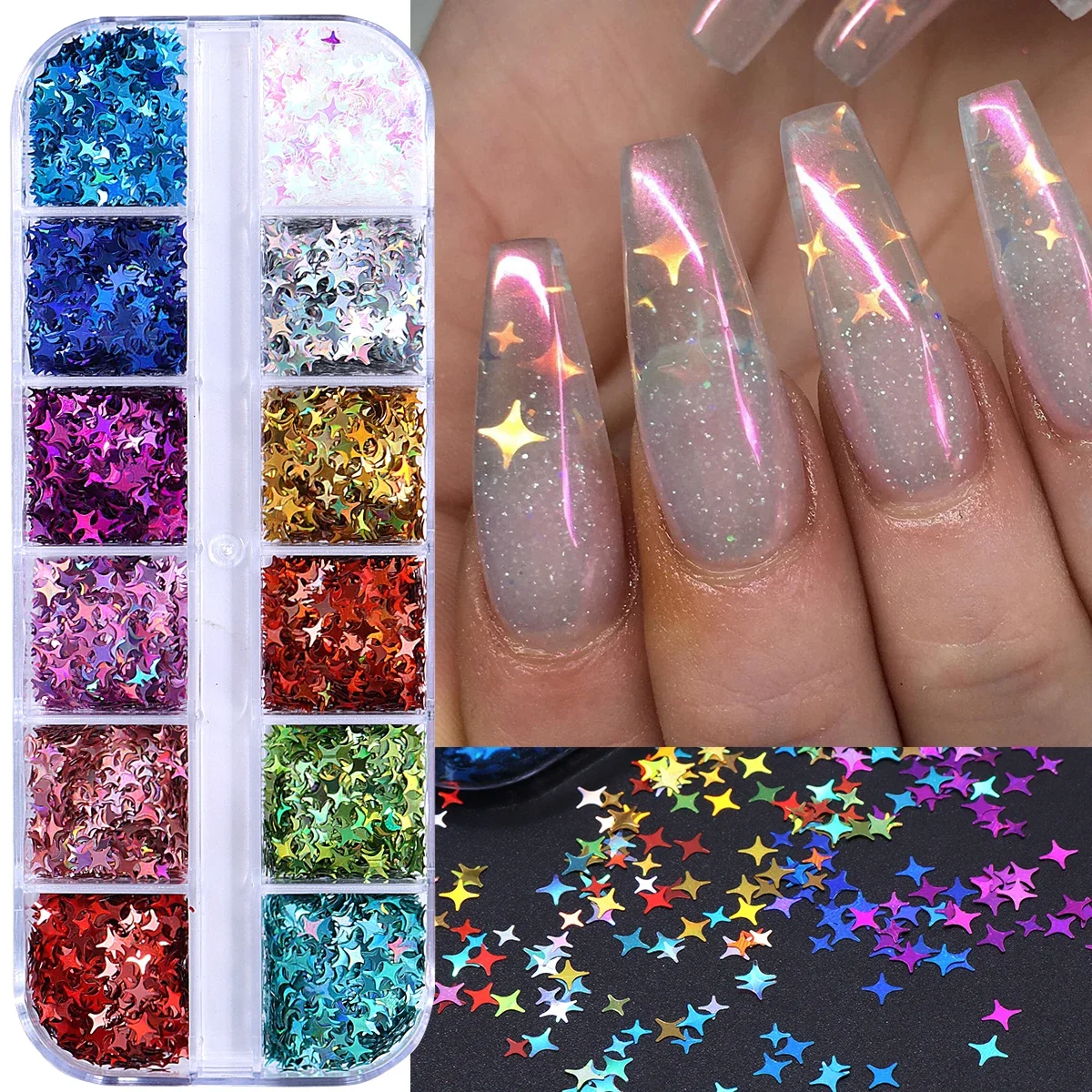 12 Grids Holographic Star Nail Glitter Flakes Sparkly Starburst Bright Slices Spangles Four-pointed Design Manicure Accessories