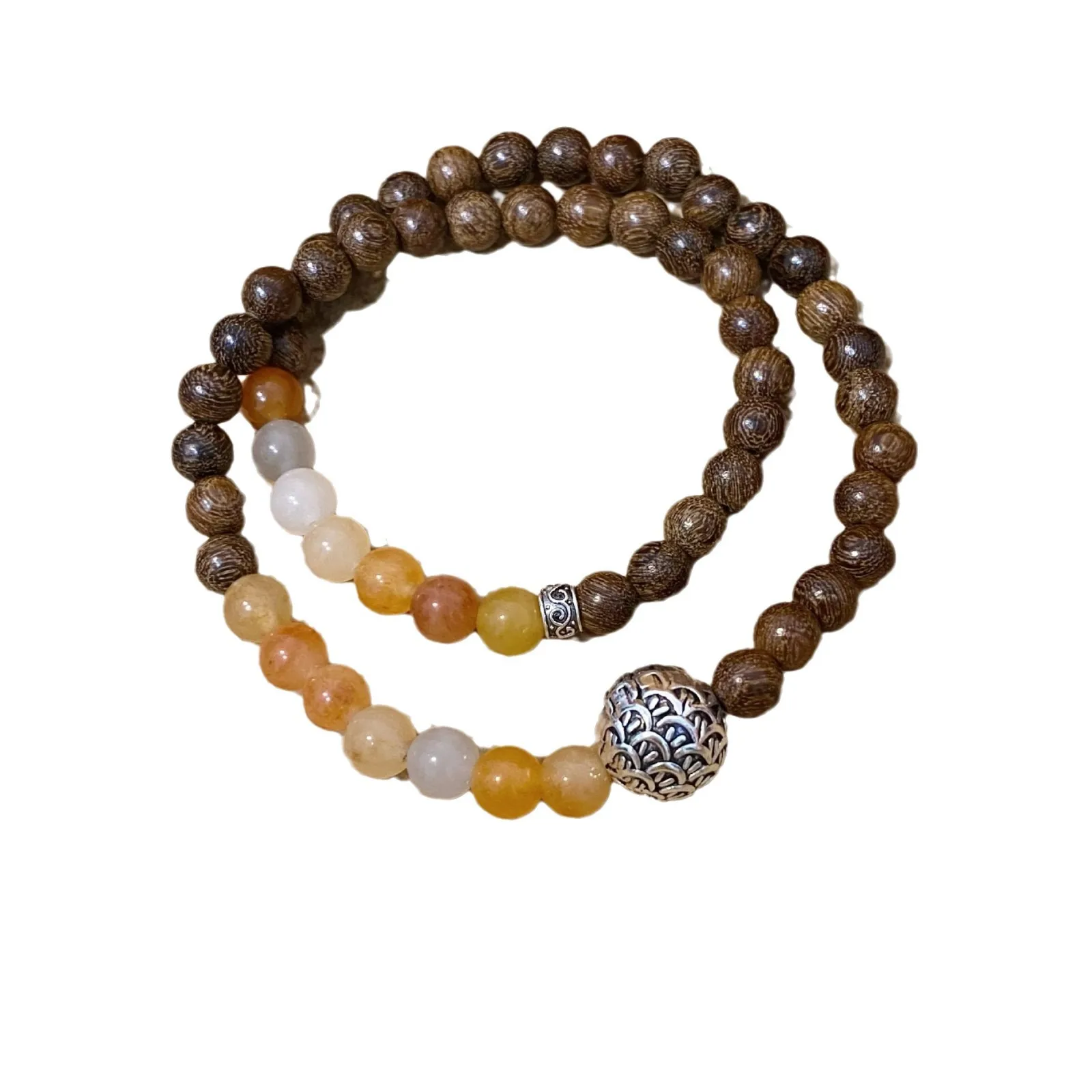 

New Chinese Style Golden Sandalwood Bracelet with Golden Silk Jade Double Circle Wooden Prayer Beads for Men and Women Gifts